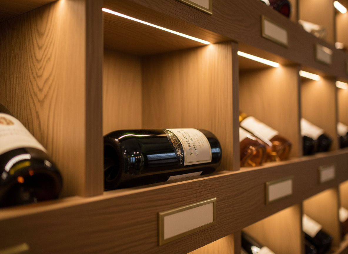An intimate, photographic close-up of a dark, bottle-green wine bottle being stored horizontally in a built-in oak wine rack, its custom label partially visible with refined gold foil details. Around it, other bottles recede into soft blur, their glass catching subtle reflections. The rack is integrated into a wall of rich, brushed oak with visible natural grain and a few understated brass label holders beneath the rows. Gentle, warm under-cabinet LED lighting washes diagonally across the scene, sculpting soft shadows within each cubbyhole. Shot at a low angle with a narrow depth of field, the composition draws the eye to the featured bottle while keeping the rest atmospheric. The mood is quietly opulent and organized, suggesting a curated cellar and a thoughtful approach to collecting fine wines.
