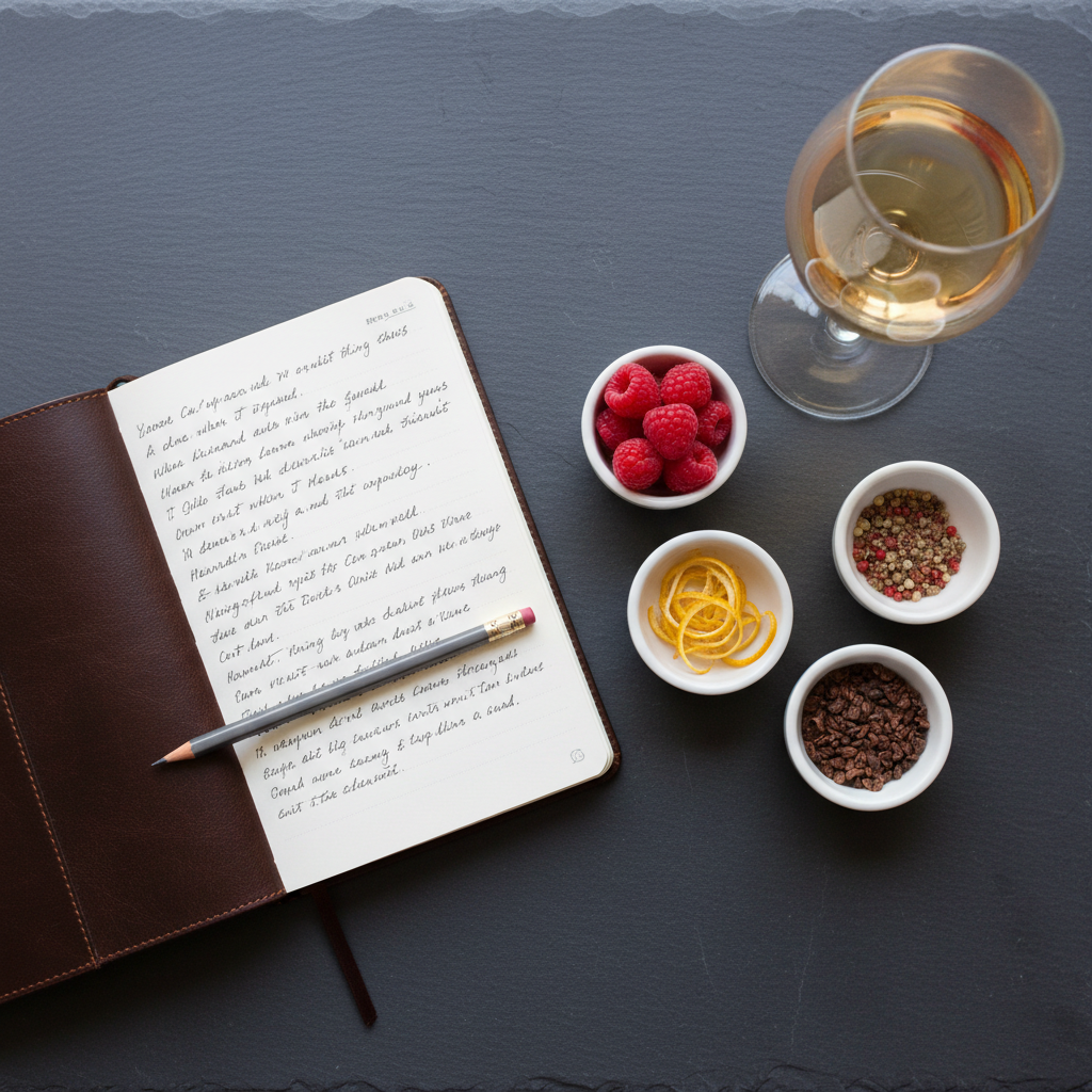 A top-down photographic view of a sophisticated menu development scene: an open leather-bound notebook with neat handwritten tasting notes, a graphite pencil resting across the spine, and several small white ramekins holding vibrant ingredients—fresh raspberries, cracked pink peppercorns, citrus zest, and cacao nibs. To the side, a broad-bowled wine glass holds a swirl of golden Chardonnay, catching a glint of light. The surface is a matte slate-gray table that contrasts elegantly with the ingredients’ colors. Soft, diffused daylight from an unseen window creates even illumination with very gentle shadows, contributing to a calm, contemplative mood. The composition follows the rule of thirds with sharp focus on the notebook and glass, and a slight falloff of sharpness toward the edges, evoking careful study and professional food-and-wine expertise.